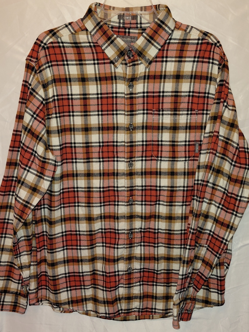 Eddie Bauer Red, Cream & Brown Plaid Button-Down Shirt #2512